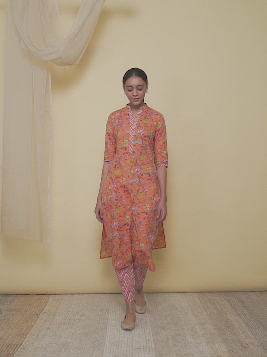  Orange Printed Cotton Straight Kurta With Trousers 