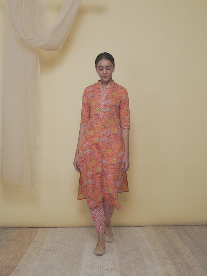 Orange Printed Cotton Straight Kurta With Trousers