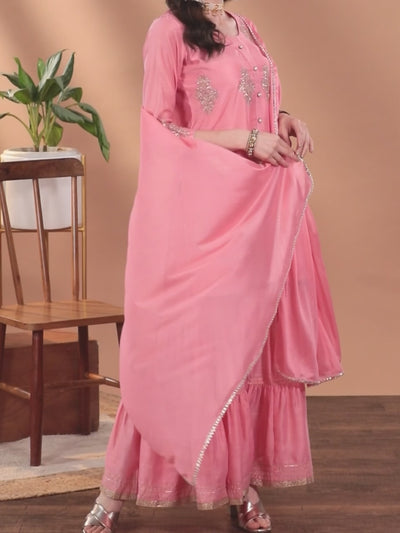 Peach Embroidered Chanderi Silk Straight Kurta With Sharara & Dupatta