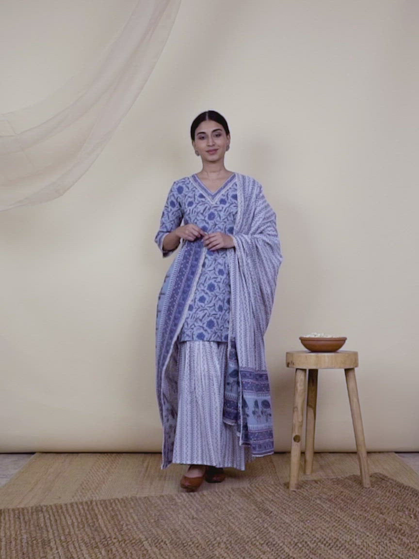 Blue Printed Cotton Straight Kurta With Sharara & Dupatta 