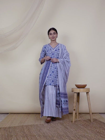Blue Printed Cotton Straight Kurta With Sharara & Dupatta