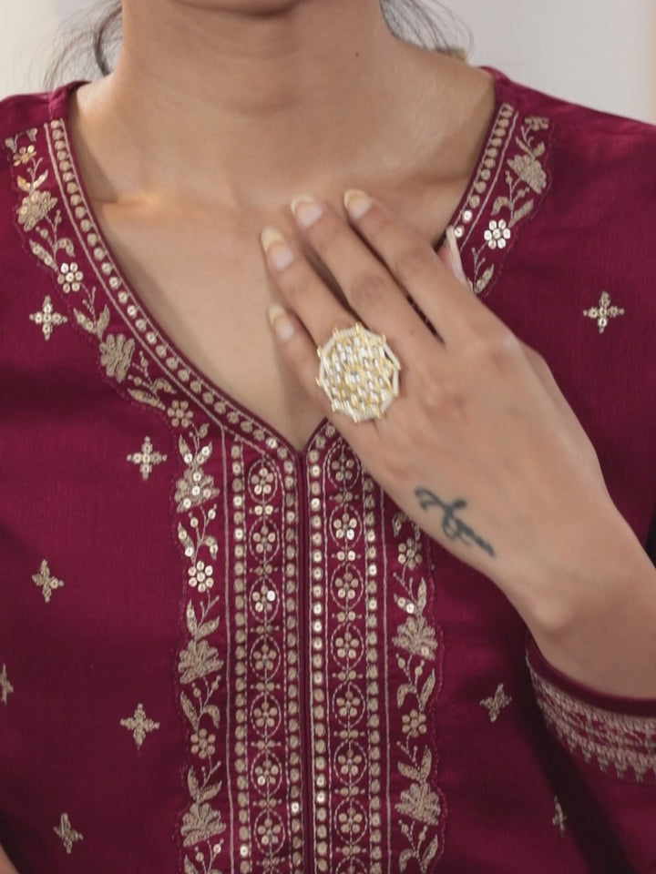 Maroon Embroidered Silk Blend Straight Kurta With Palazzos & Dupatta