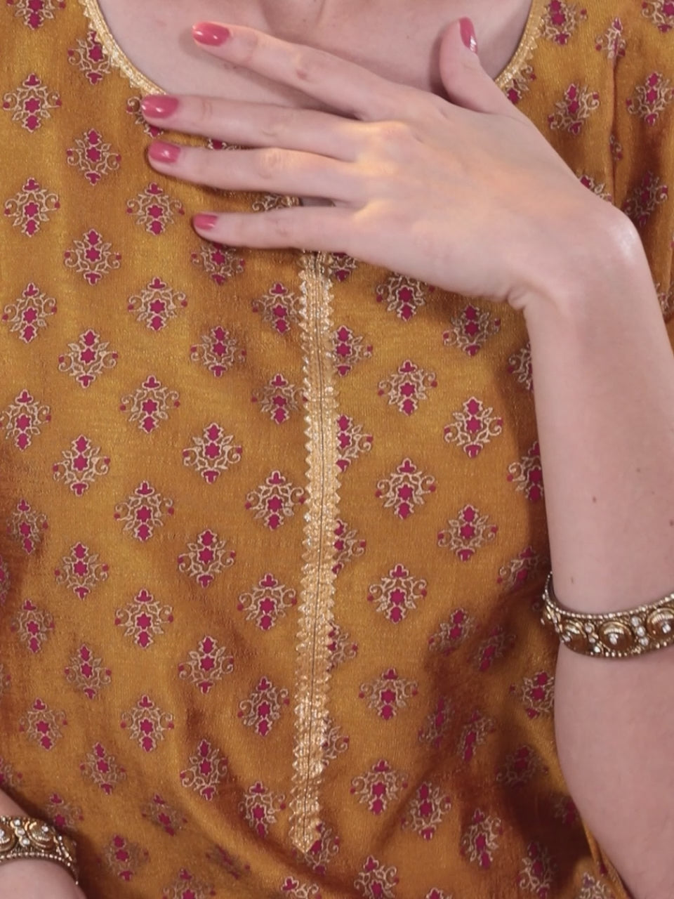  Mustard Printed Silk Blend Straight Kurta With Palazzos & Dupatta 