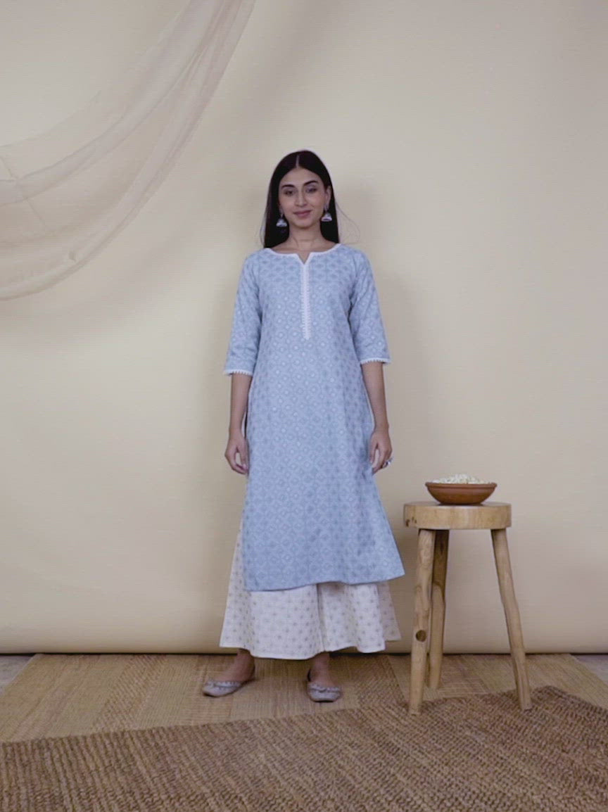 Blue Printed Cotton Kurta