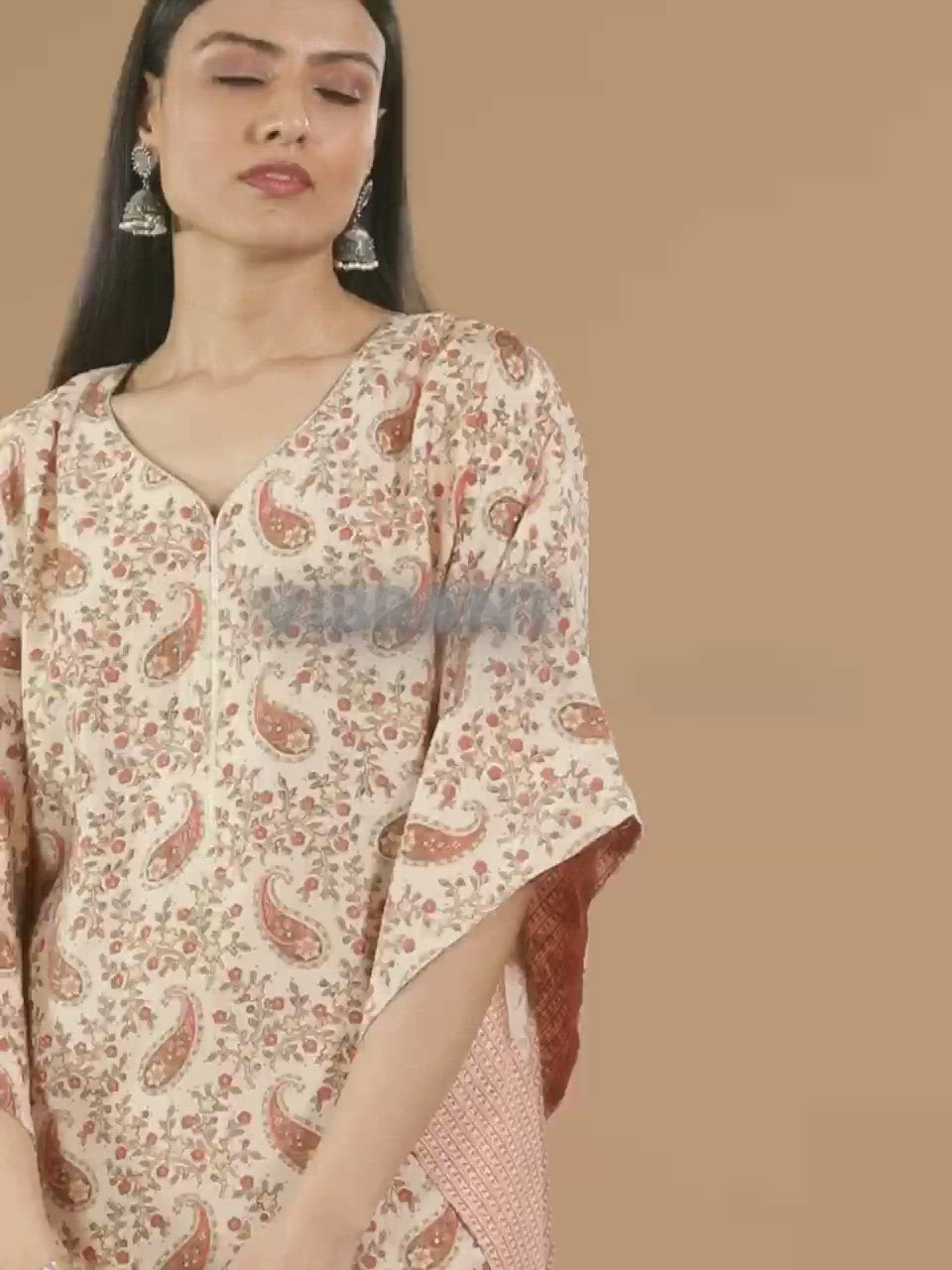  Beige Printed Silk Kaftan Dress 