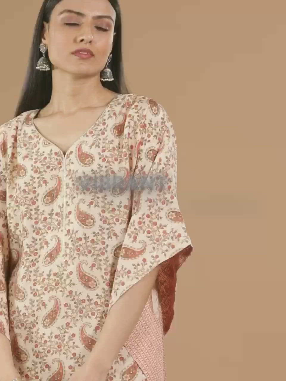 Beige Printed Silk Kaftan Dress