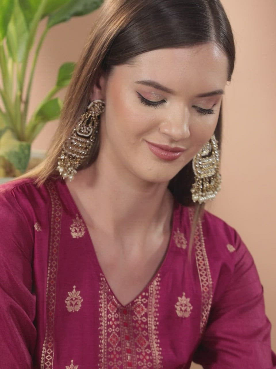  Magenta Self Design Silk Straight Kurta With Dupatta 