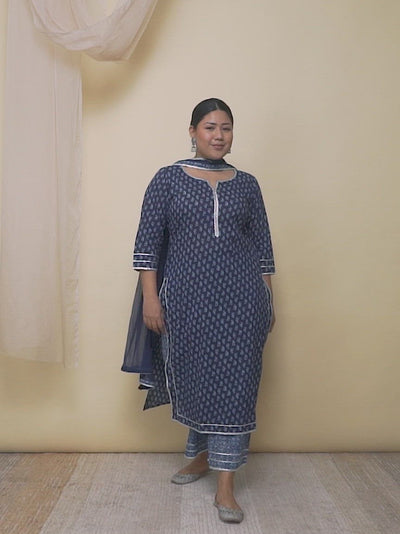 Plus Size Blue Printed Cotton Straight Kurta With Palazzos & Dupatta