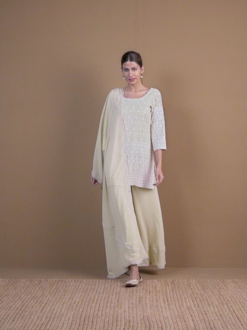  Green Embroidered Georgette Straight Kurta With Palazzos & Dupatta 