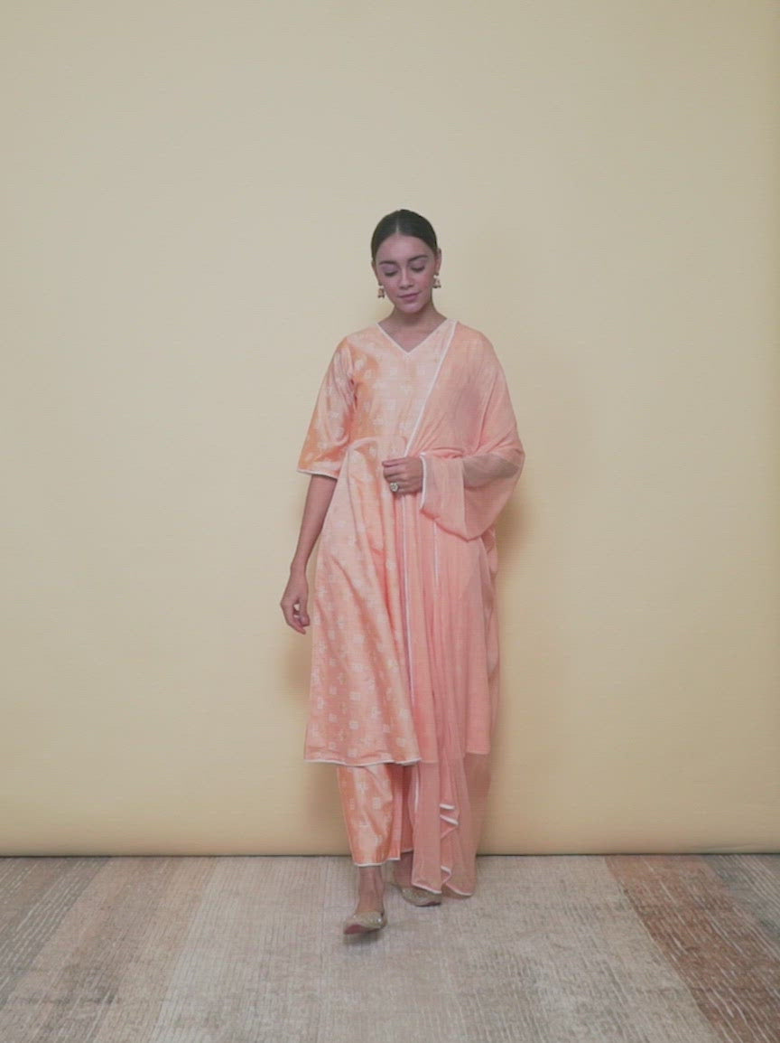  Peach Printed Tussar Silk A-Line Kurta With Palazzos & Dupatta 