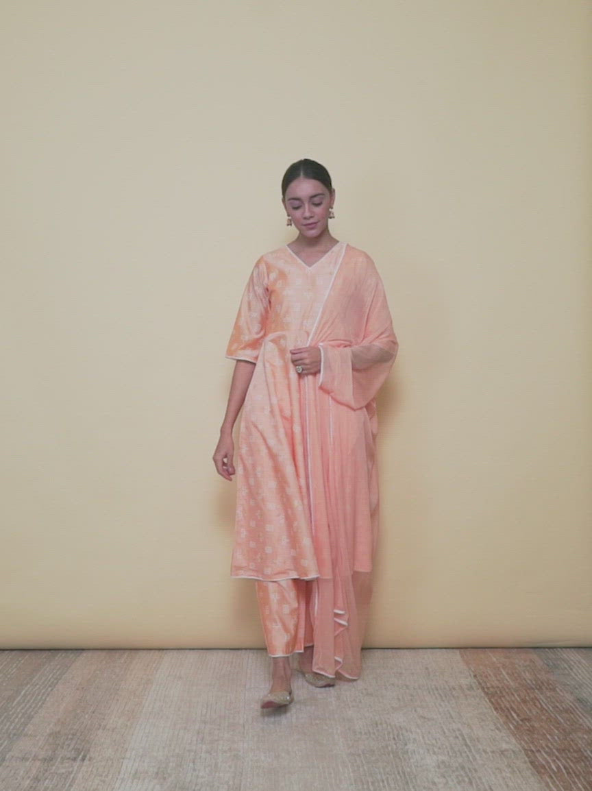 Peach Printed Tussar Silk A-Line Kurta With Palazzos & Dupatta