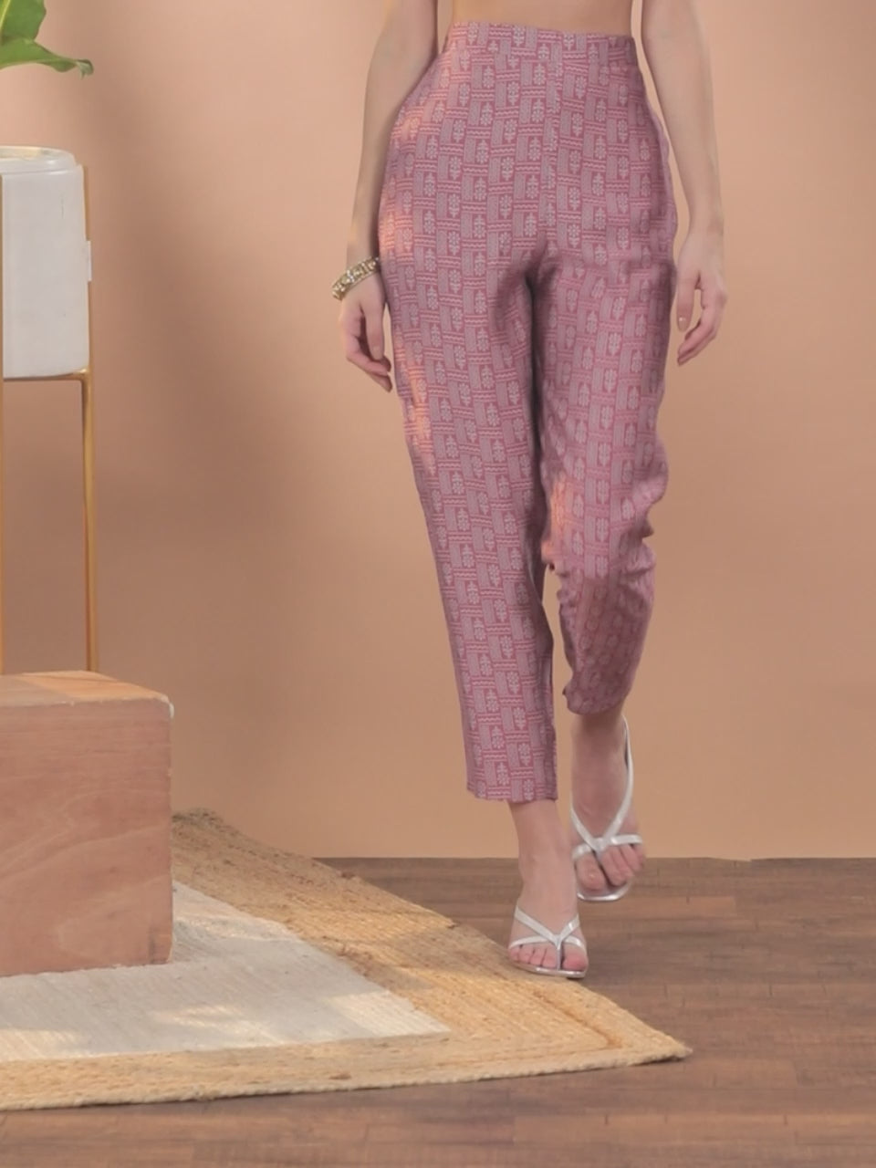  Pink Printed Silk Blend Trousers 