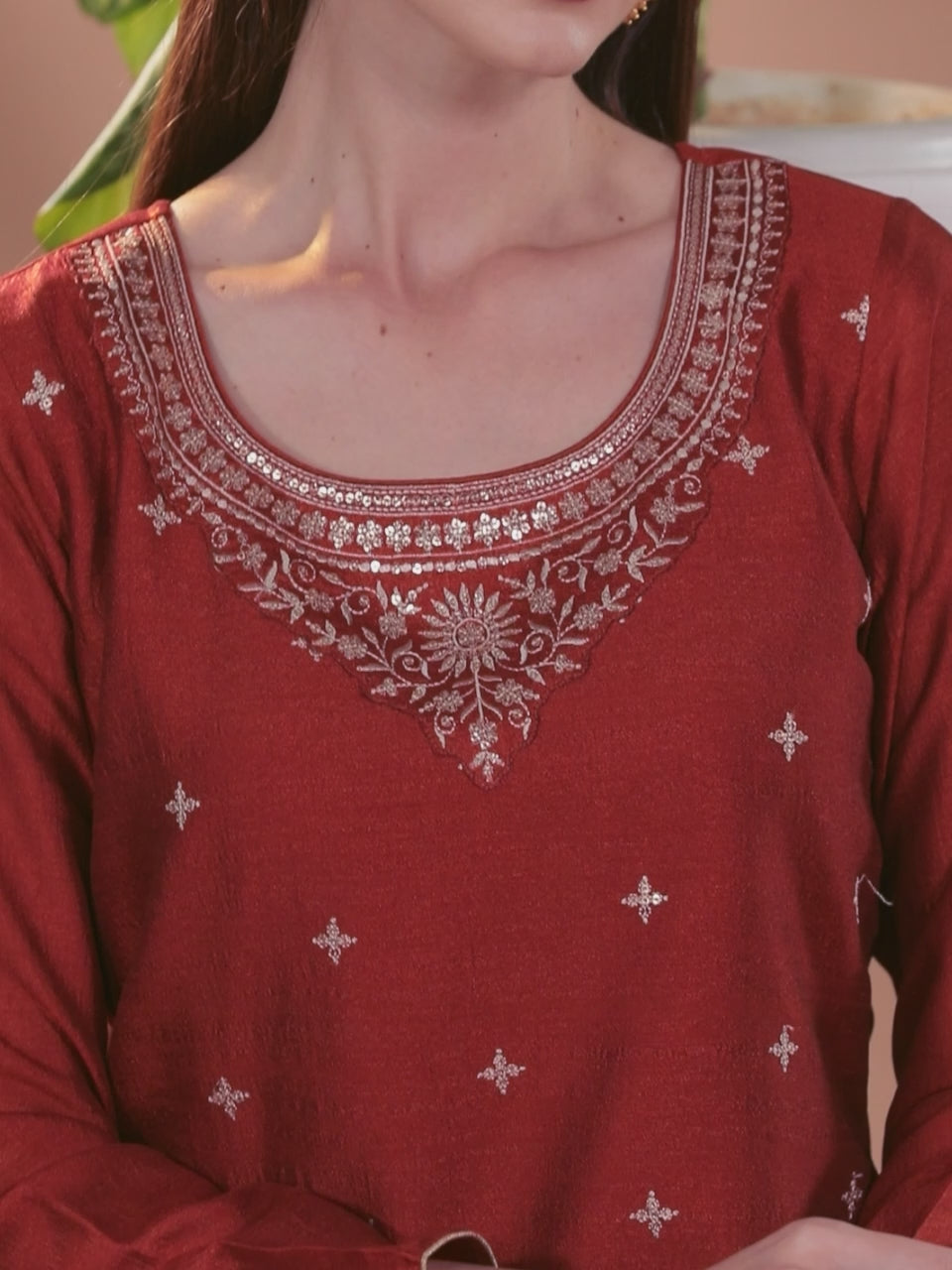  Rust Embroidered Silk Straight Kurta 
