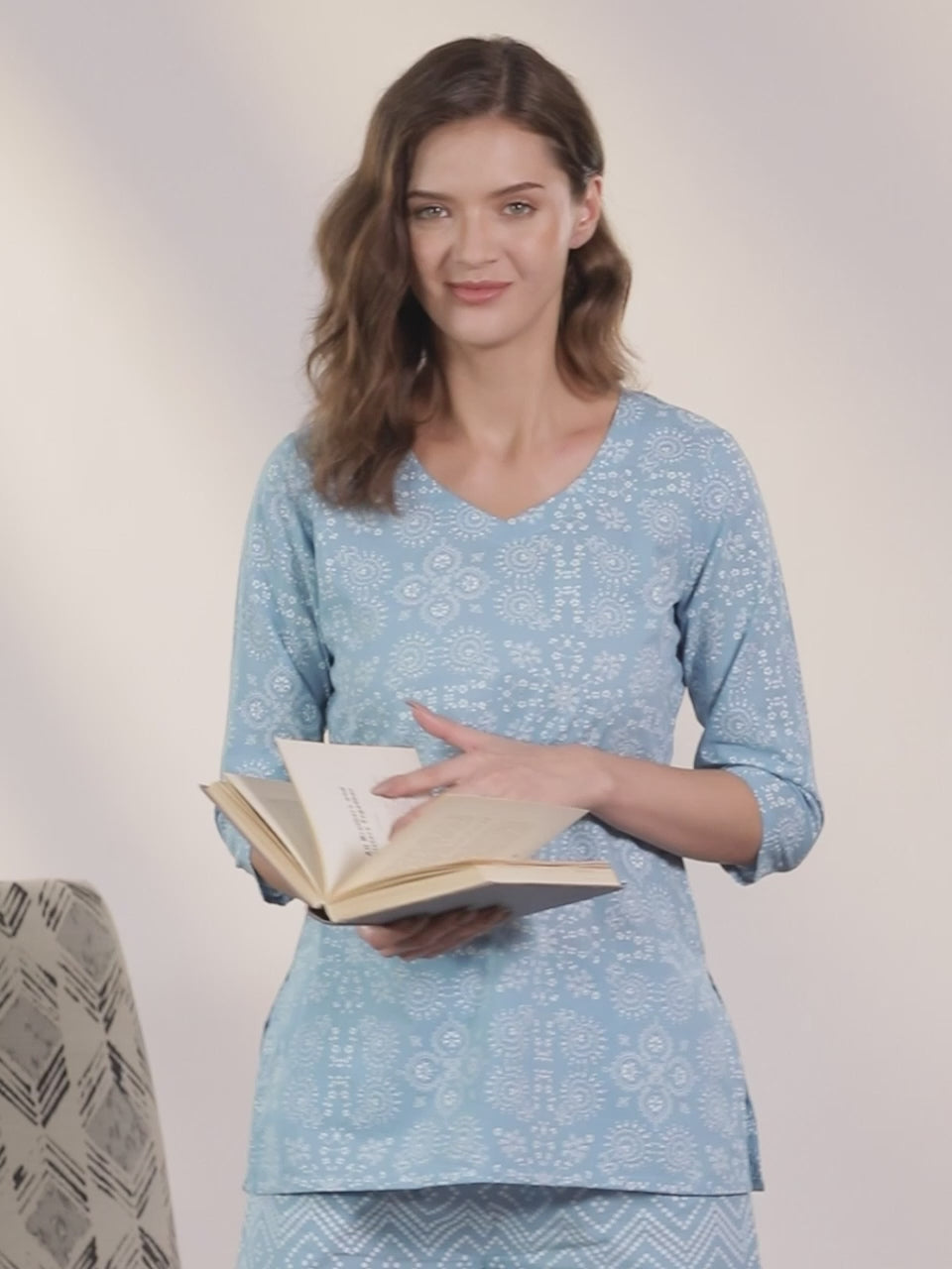  Blue Printed Cotton Night Suit 