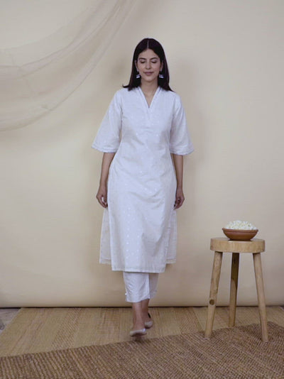 White Woven Design Cotton Kurta