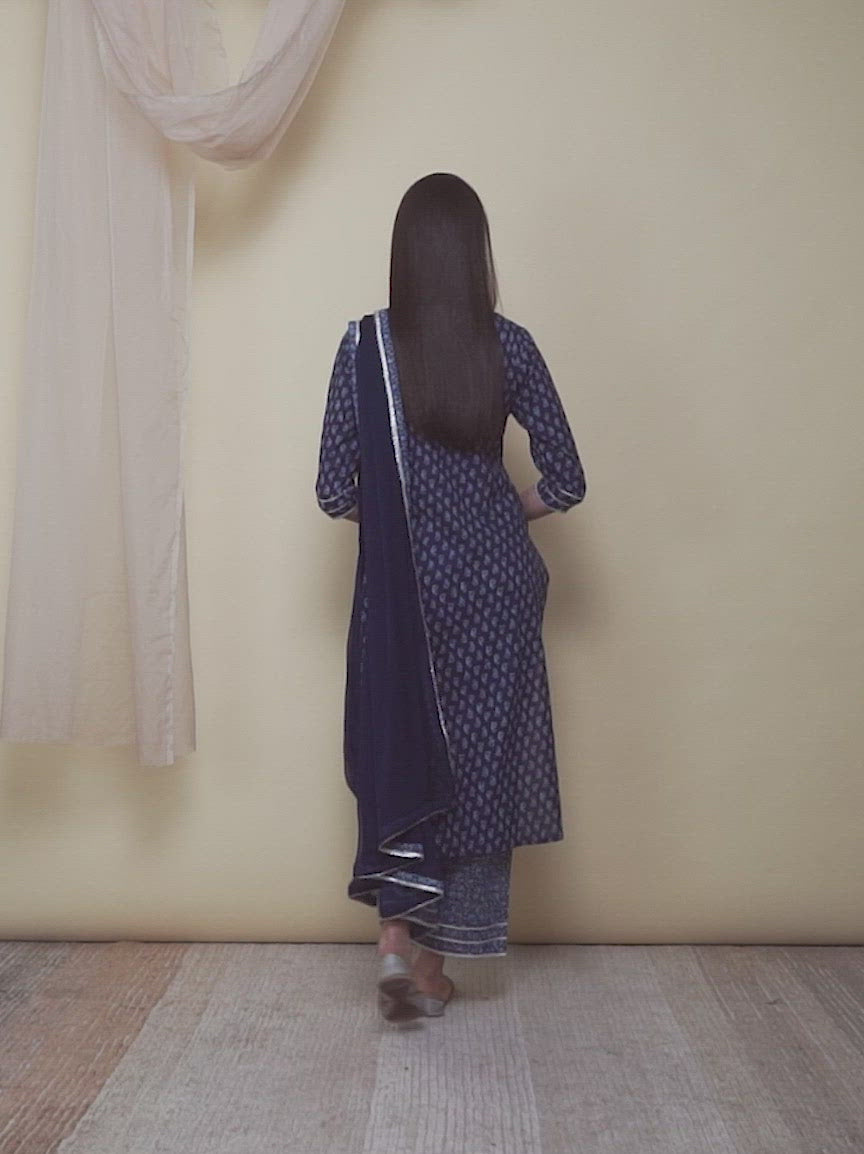  Indigo Printed Cotton Straight Kurta With Palazzos & Dupatta 