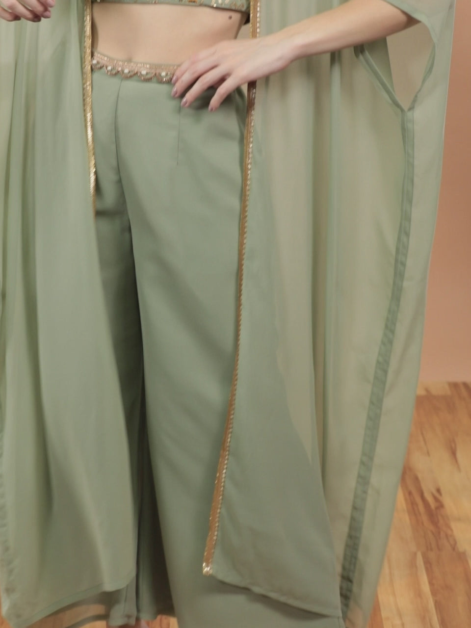 Green Embellished Georgette Top With Palazzos & Shrug