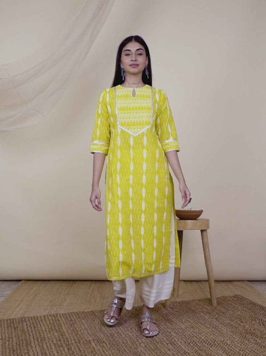  Yellow Printed Cotton Kurta 