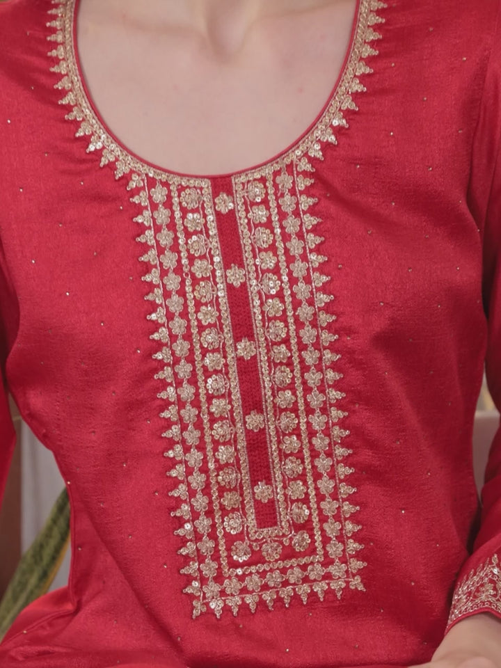 Coral Embroidered Silk Blend Straight Kurta With Palazzos & Dupatta