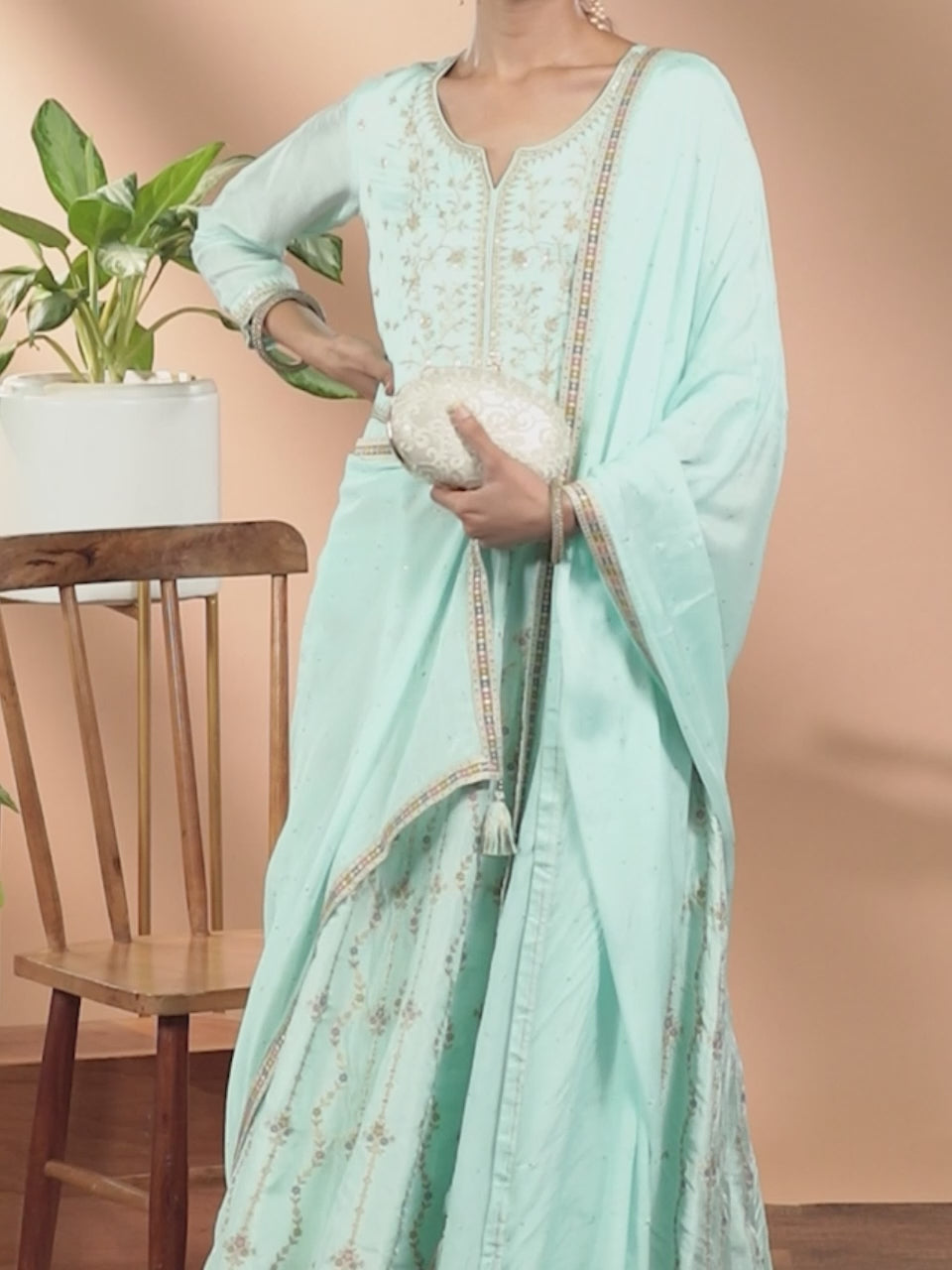 Turquoise Blue Self Design Silk Anarkali Kurta With Churidar & Dupatta