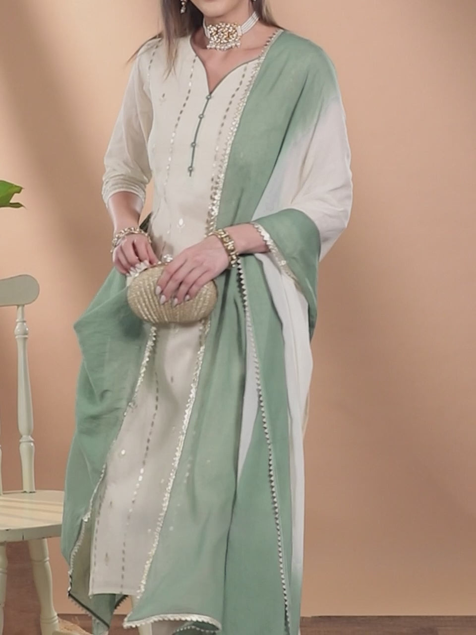  Off-White Embroidered Cotton Straight Kurta With Dupatta 