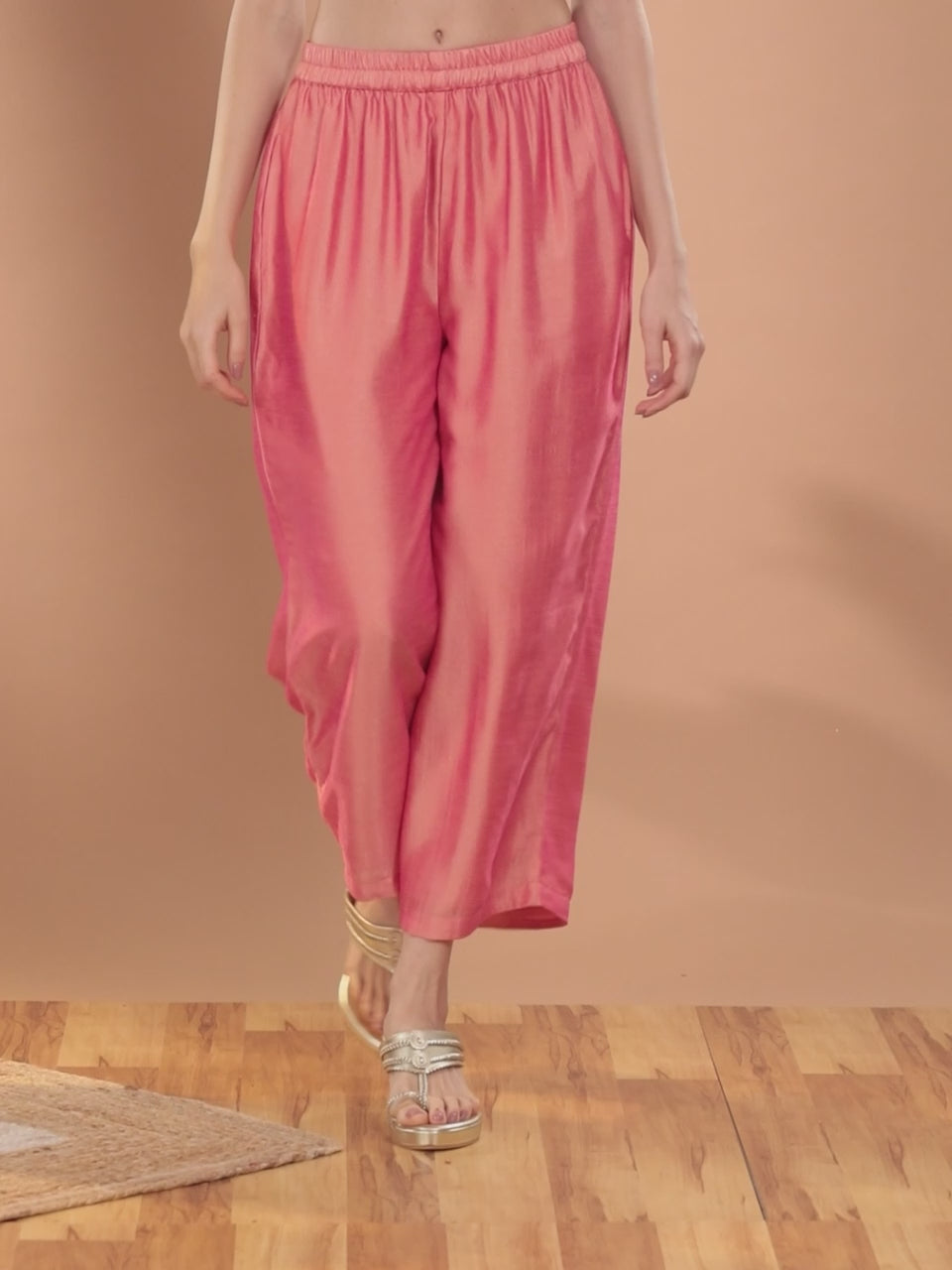 Peach Solid Silk Palazzos