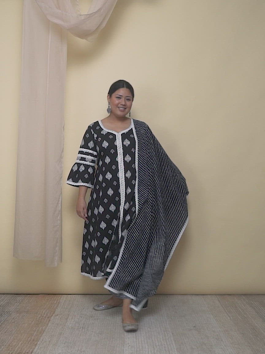  Plus Size Black Printed Cotton A-Line Kurta With Palazzos & Dupatta 