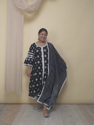 Plus Size Black Printed Cotton A-Line Kurta With Palazzos & Dupatta