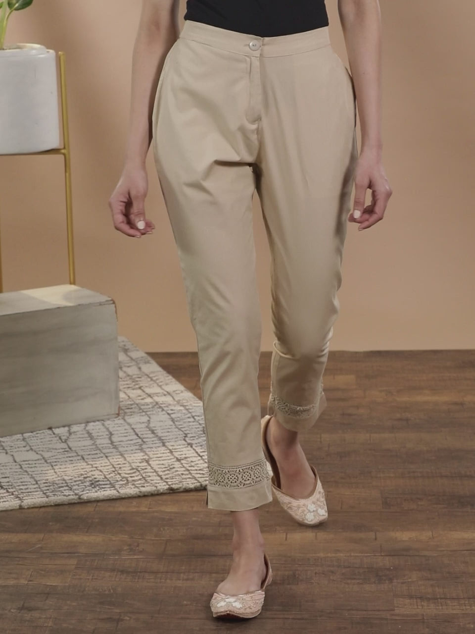 Beige Solid Cotton Trousers 
