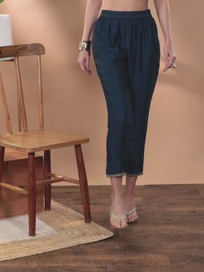 Teal Solid Silk Blend Trousers