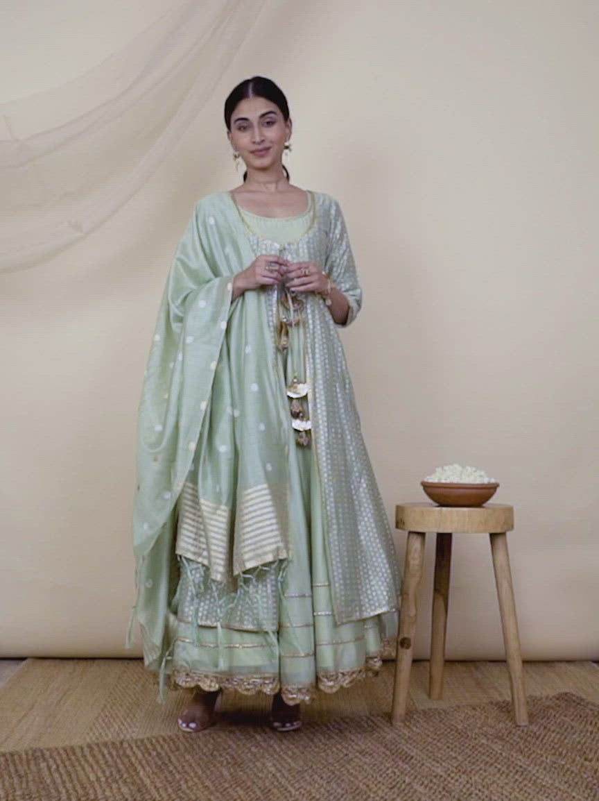  Green Self Design Silk Anarkali Kurta With Palazzos & Dupatta 