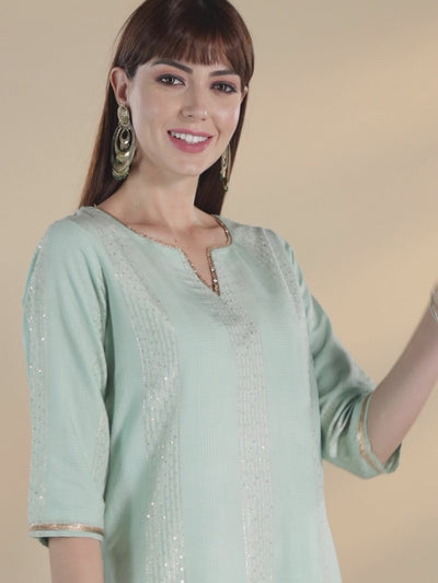 Sea Green Embellished Chanderi Silk Kurta