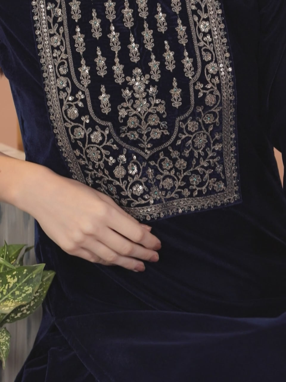  Navy Blue Yoke Design Velvet Straight Kurta With Dhoti Pant & Dupatta 