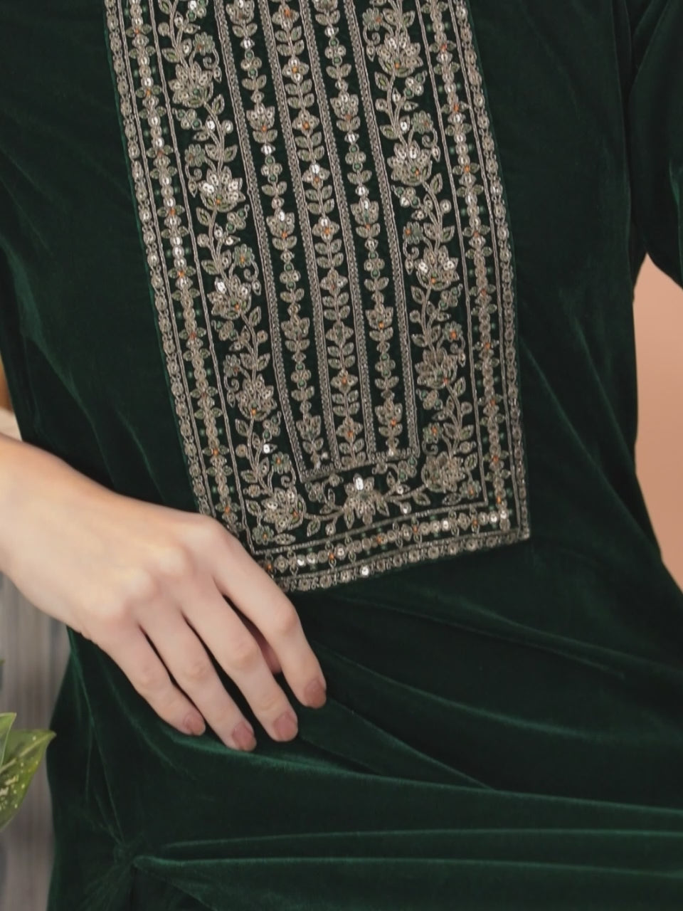  Green Yoke Design Velvet Straight Kurta With Dhoti Pant & Dupatta 