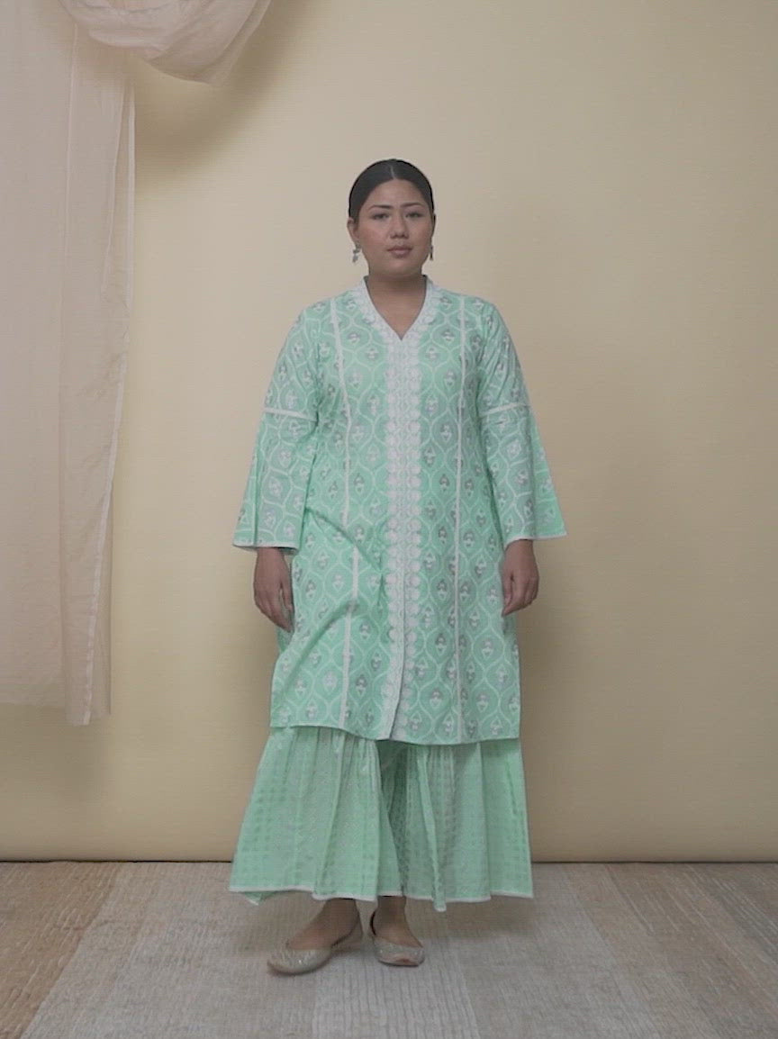  Plus Size Green Printed Cotton Straight Sharara Suit Set 