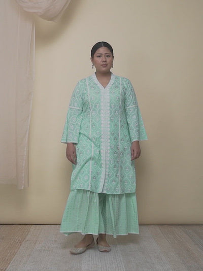 Plus Size Green Printed Cotton Straight Kurta With Sharara