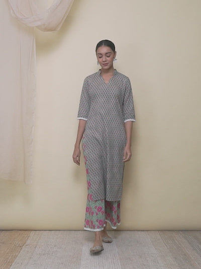 Green Printed Cotton Straight Kurta With Palazzos