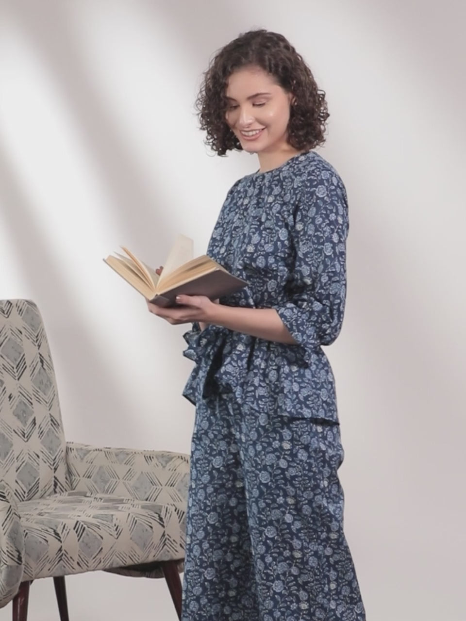  Blue Printed Cotton Night Suit 