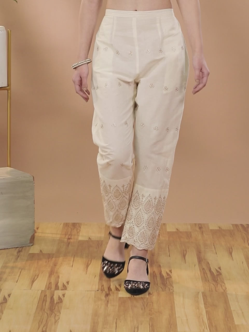 Beige Self Design Cotton Trousers