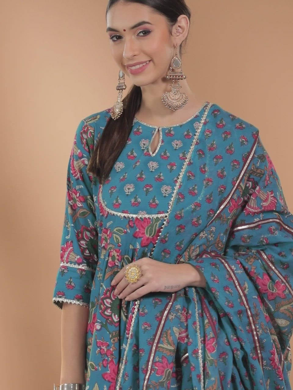  Blue Printed Cotton Anarkali Kurta With Palazzos & Dupatta 