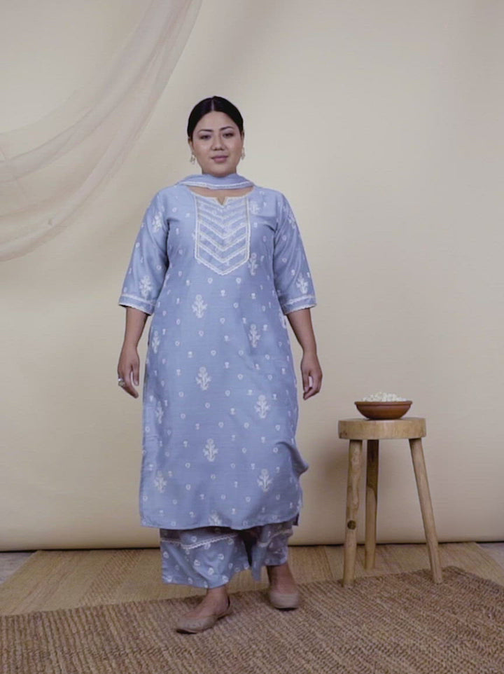 Plus Size Grey Printed Silk Straight Kurta With Palazzos & Dupatta