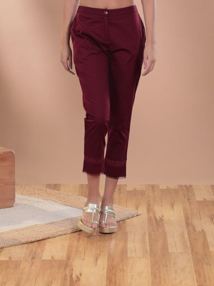 Maroon Solid Cotton Trousers