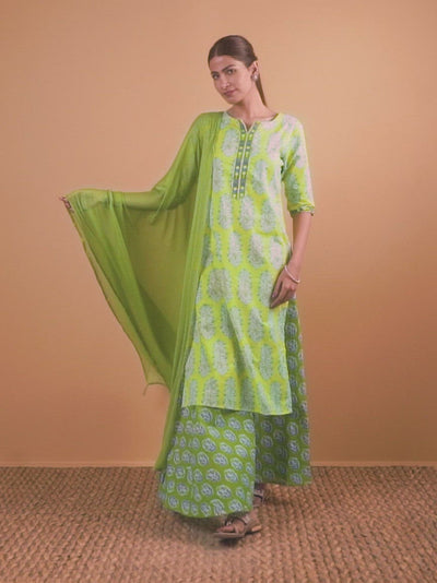 Green Printed Cotton Straight Kurta With Skirt & Dupatta