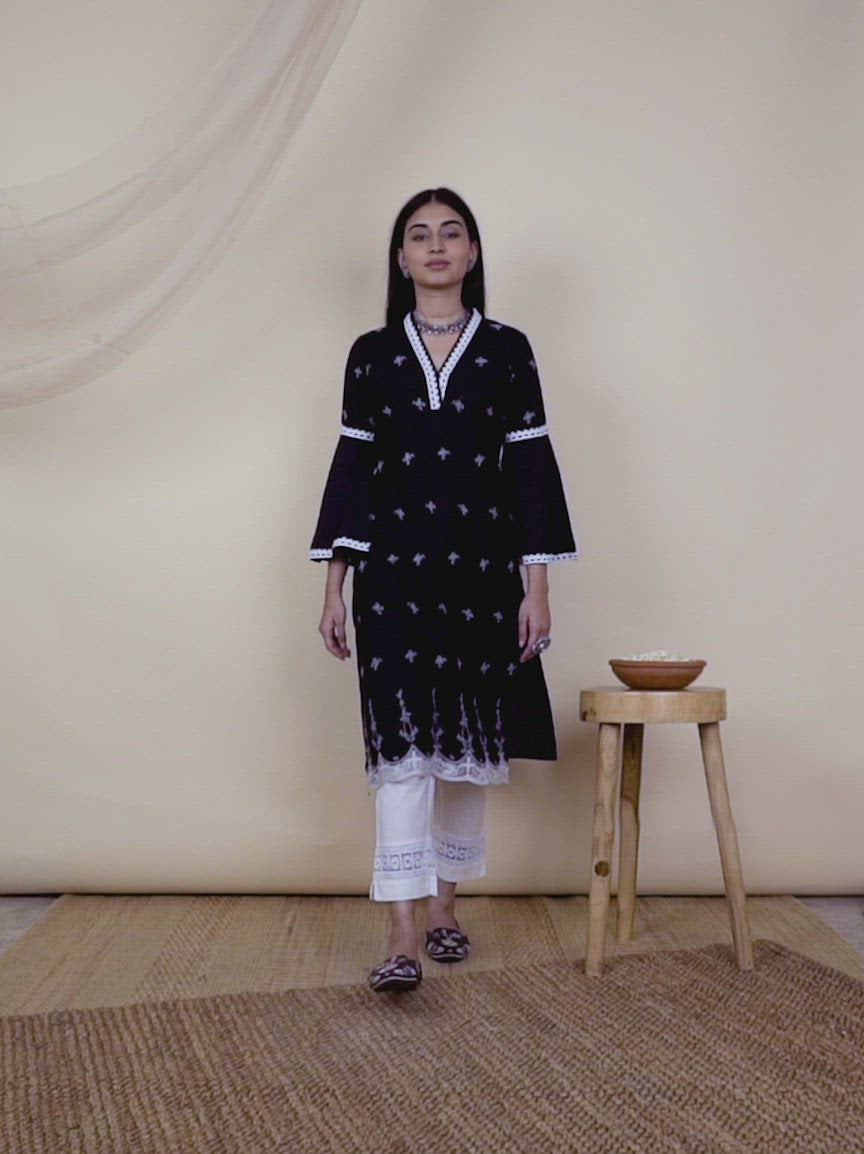  Black Embroidered Cotton Kurta 