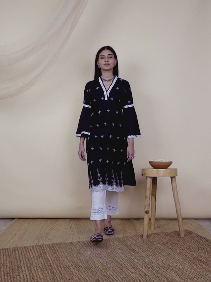 Black Embroidered Cotton Kurta