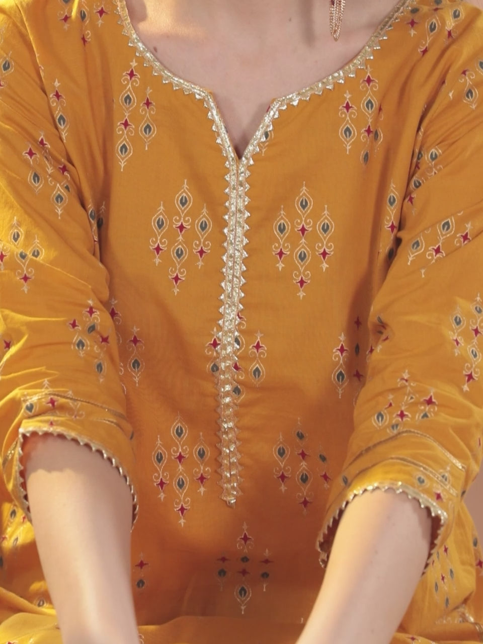 Yellow Printed Cotton Straight Kurta With Palazzos & Dupatta 