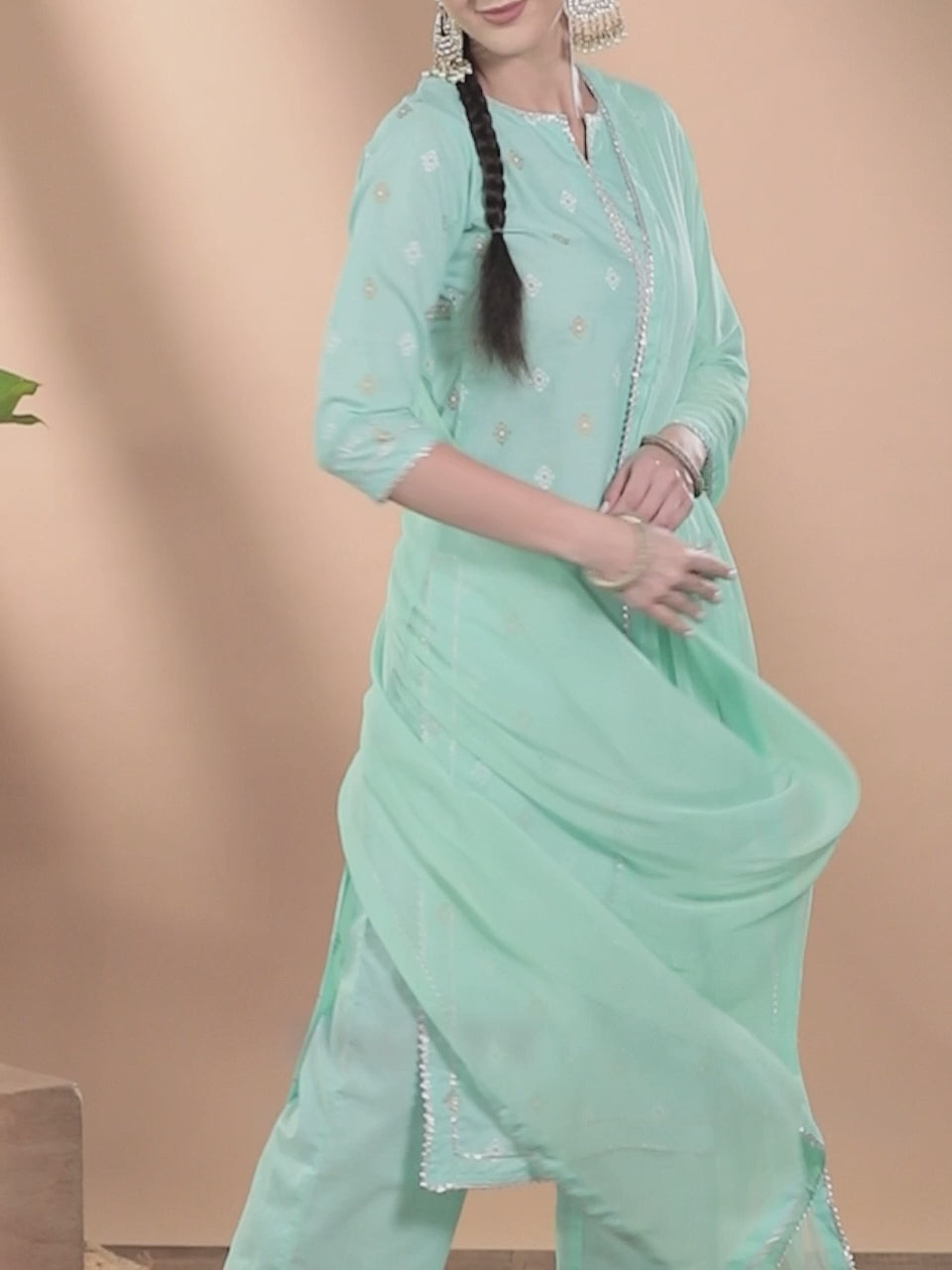  Blue Printed Cotton Straight Kurta With Palazzos & Dupatta 