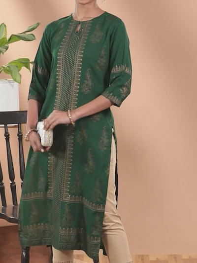 Green Printed Rayon Straight Kurta