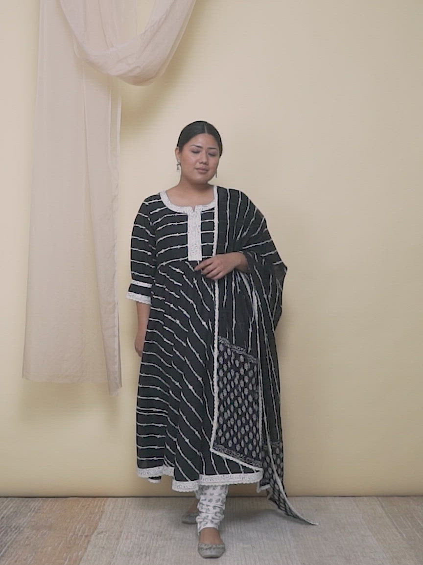 Plus Size Black Striped Cotton Anarkali Kurta With Churidar & Dupatta