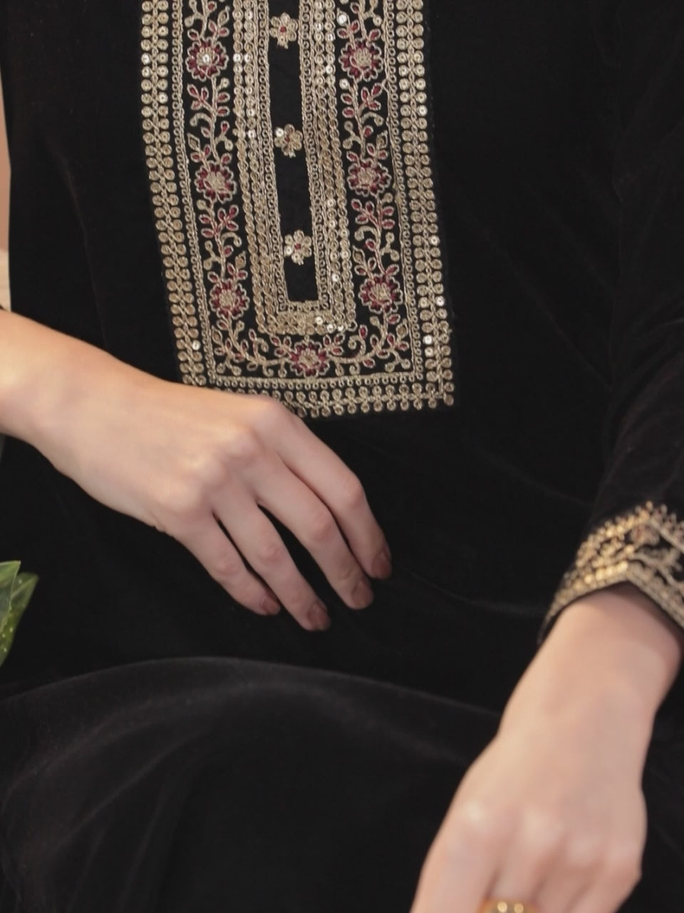 Black Yoke Design Velvet Straight Kurta With Trousers & Dupatta